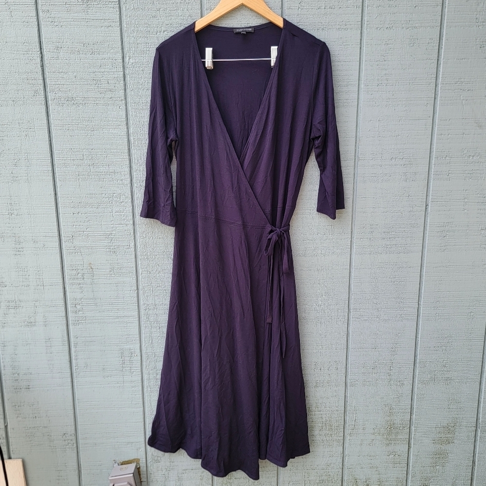 Eileen Fisher Jersey Wrap Midi Dress sz M Navy Minimalist Quiet Luxury Coastal